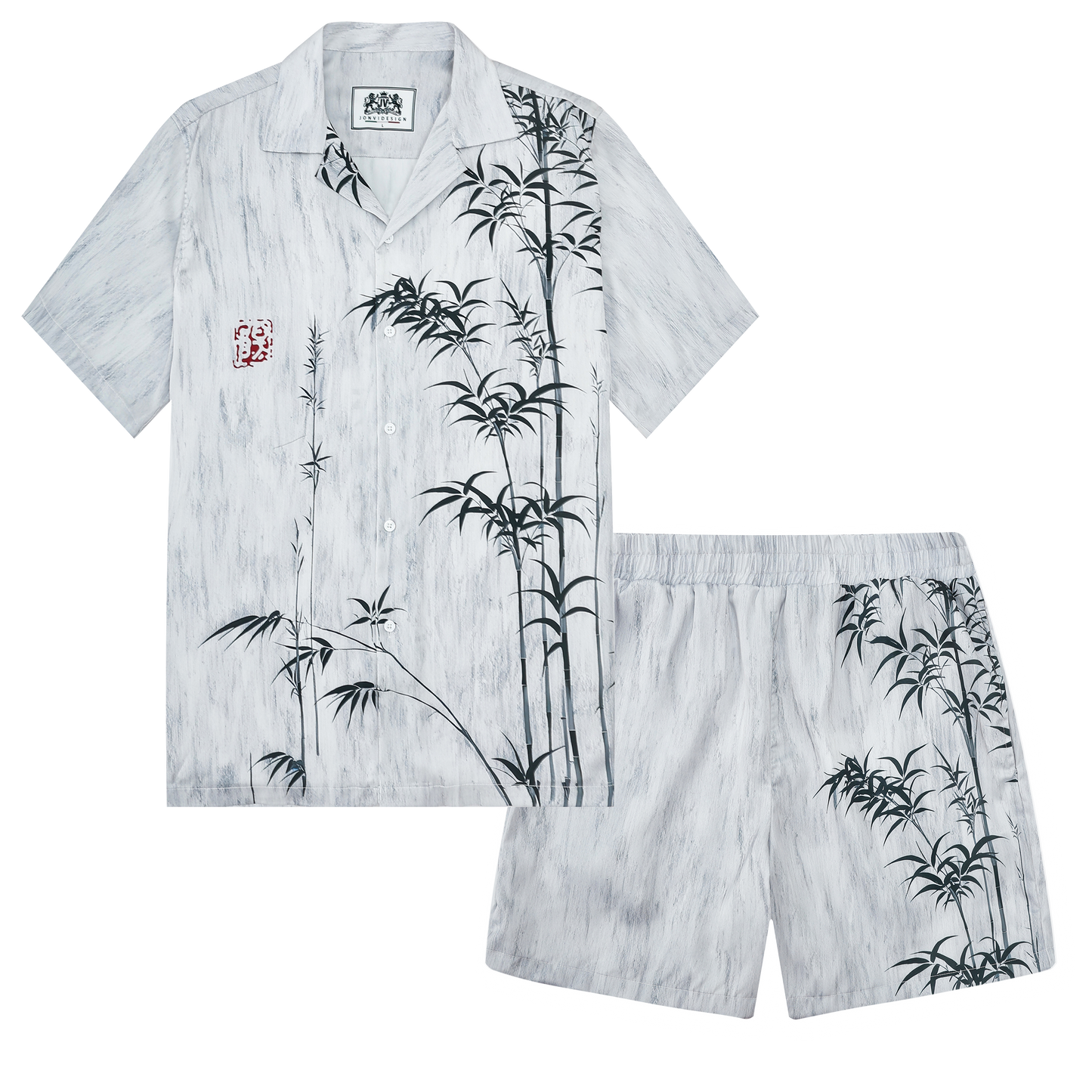 Bamboo Print Design Camp Collar Short Sleeve Shirt