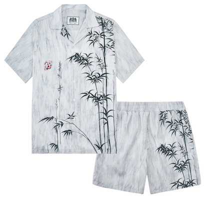 Bamboo Print Design Camp Collar Short Sleeve Shirt