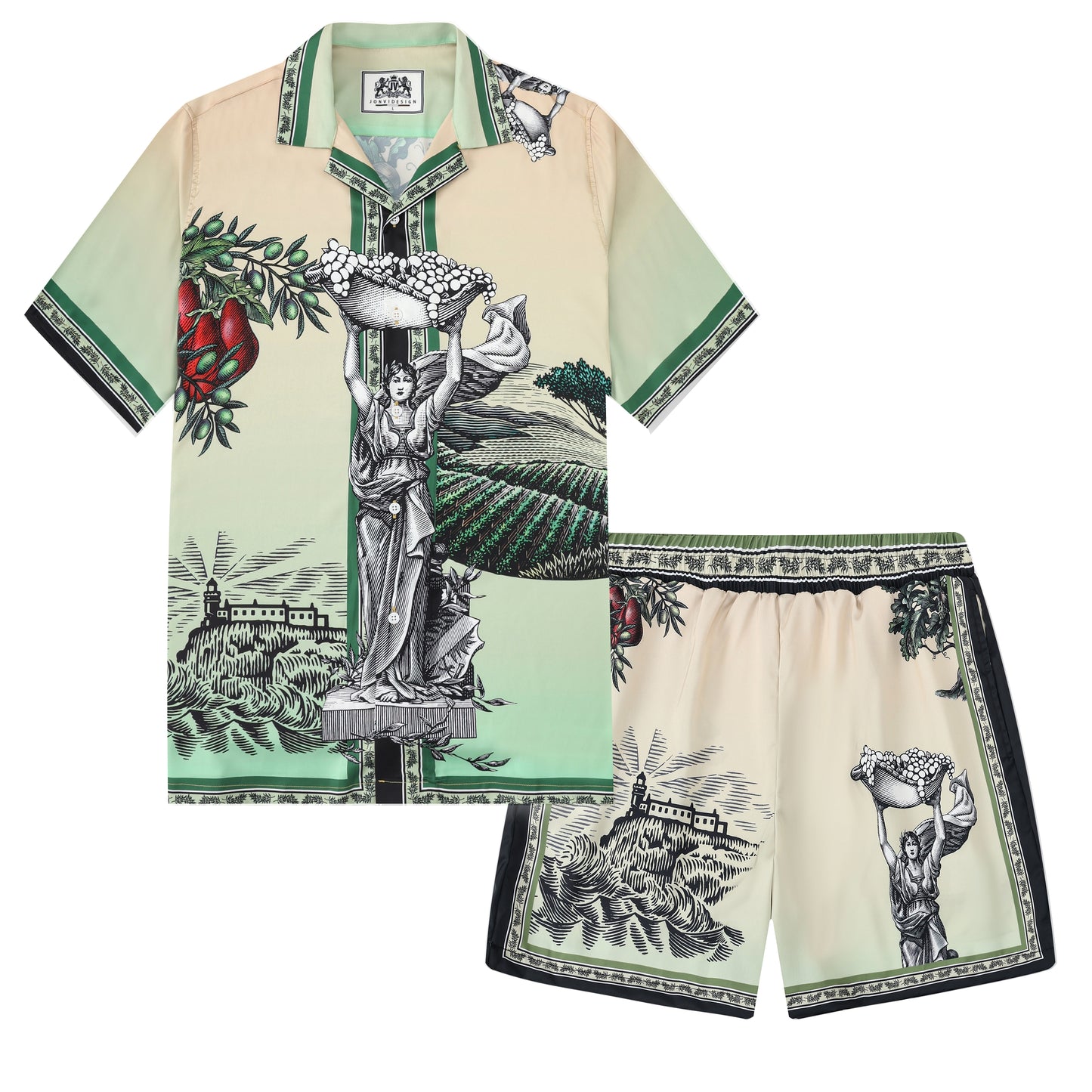 Greek Statue Olive Branch Short Sleeve Camp Collar Shirt