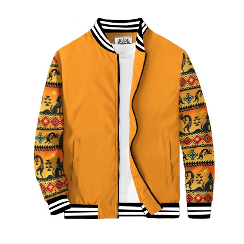 Orange-Yellow Native American Style Totem Paneled Bomber Jacket