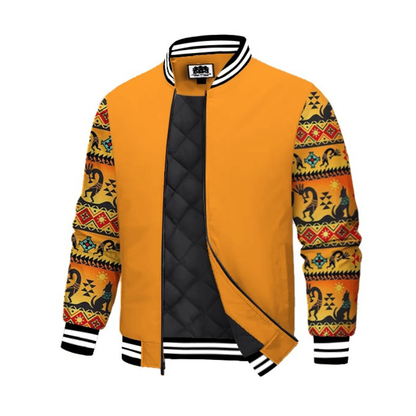 Orange-Yellow Native American Style Totem Paneled Bomber Jacket