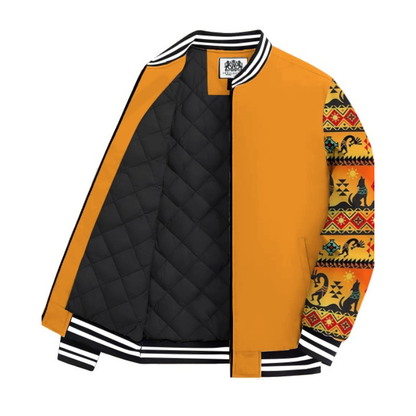 Orange-Yellow Native American Style Totem Paneled Bomber Jacket