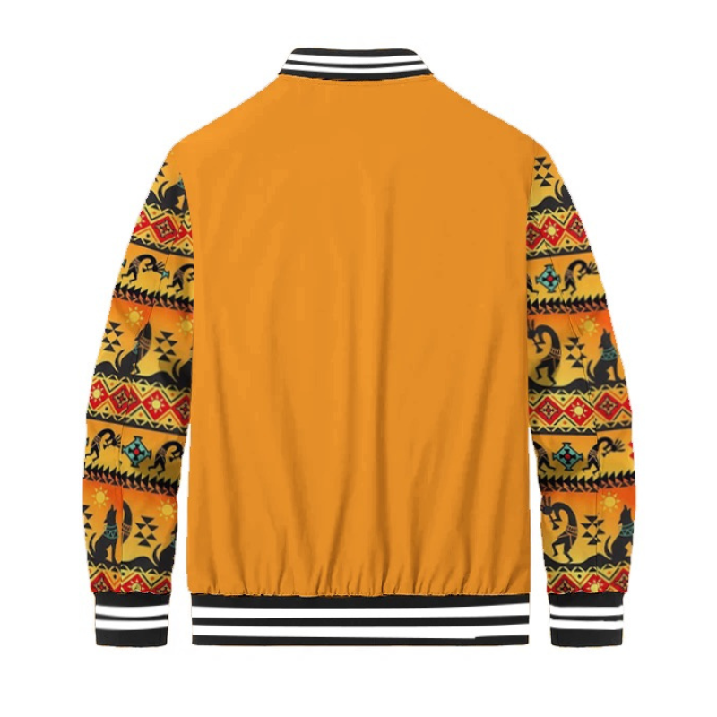 Orange-Yellow Native American Style Totem Paneled Bomber Jacket