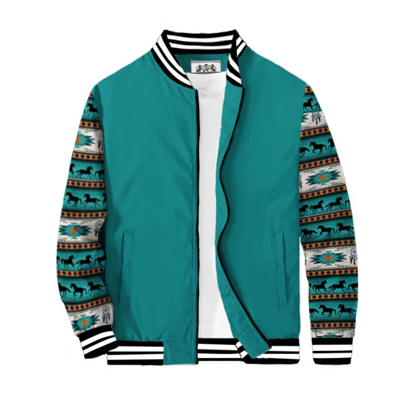 Teal Native American Style Horse Totem Paneled Bomber Jacket