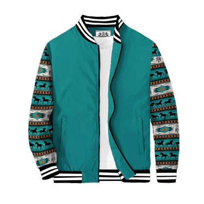 Teal Native American Style Horse Totem Paneled Bomber Jacket