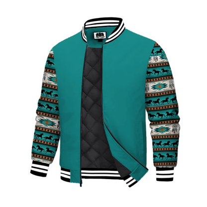 Teal Native American Style Horse Totem Paneled Bomber Jacket