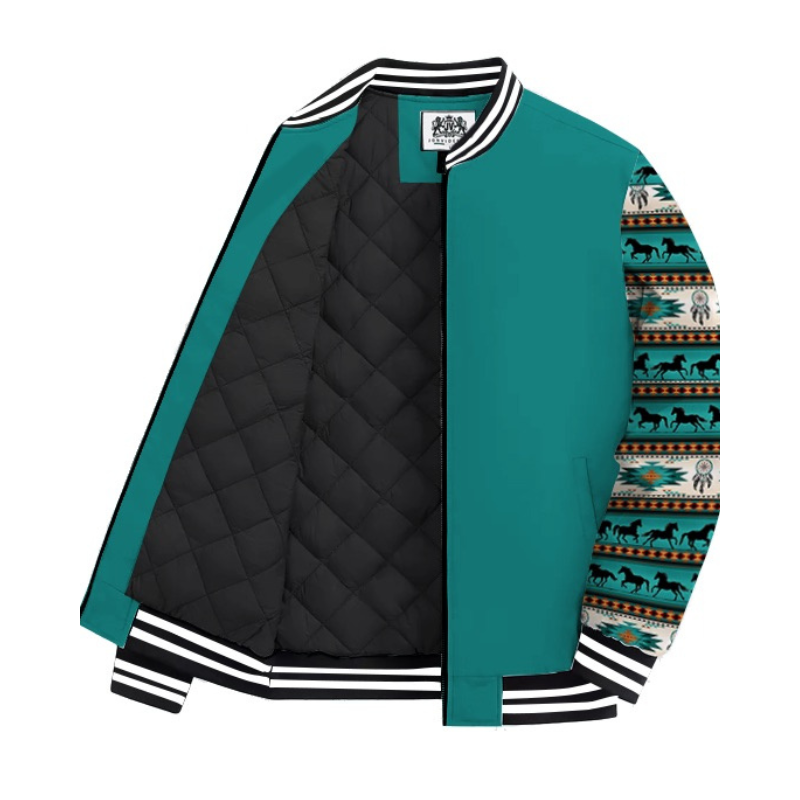 Teal Native American Style Horse Totem Paneled Bomber Jacket