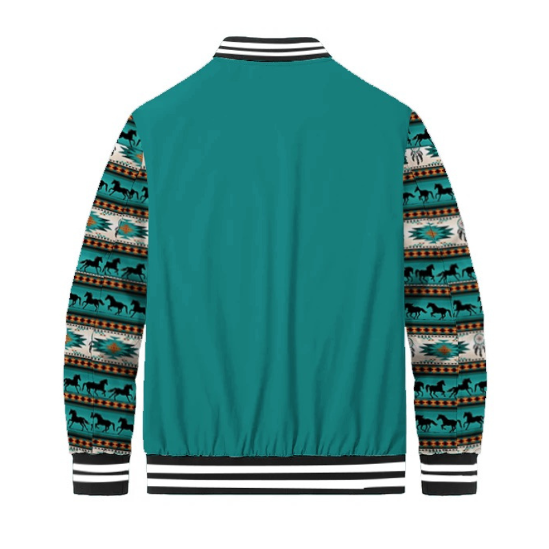Teal Native American Style Horse Totem Paneled Bomber Jacket