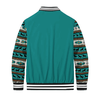 Teal Native American Style Horse Totem Paneled Bomber Jacket