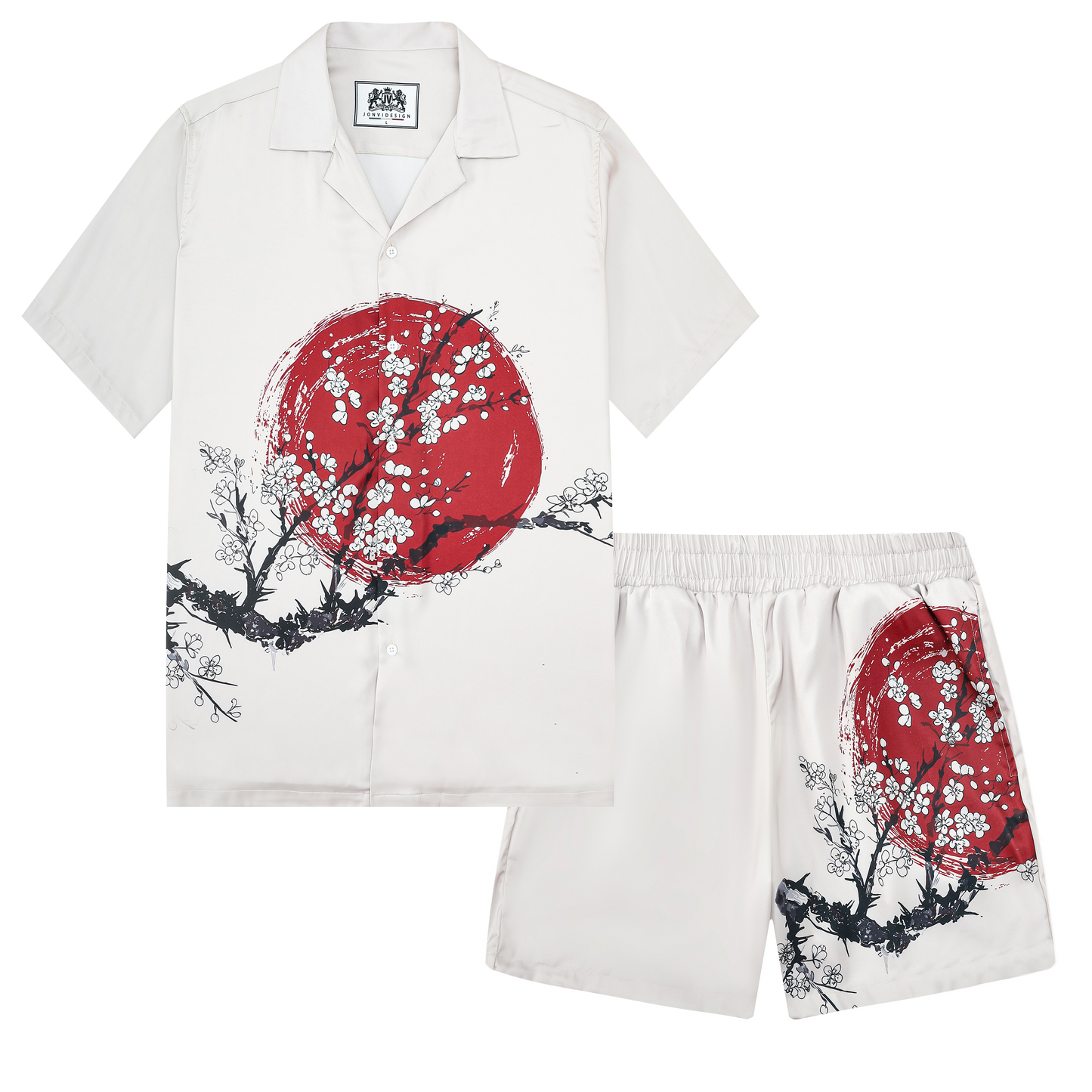 Plum Blossom Print Design Camp Collar Short Sleeve Shirt