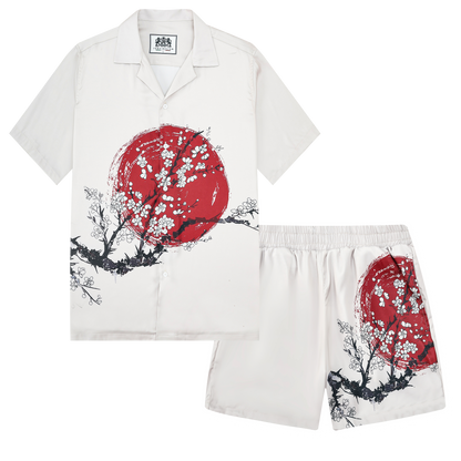 Plum Blossom Print Design Camp Collar Short Sleeve Shirt