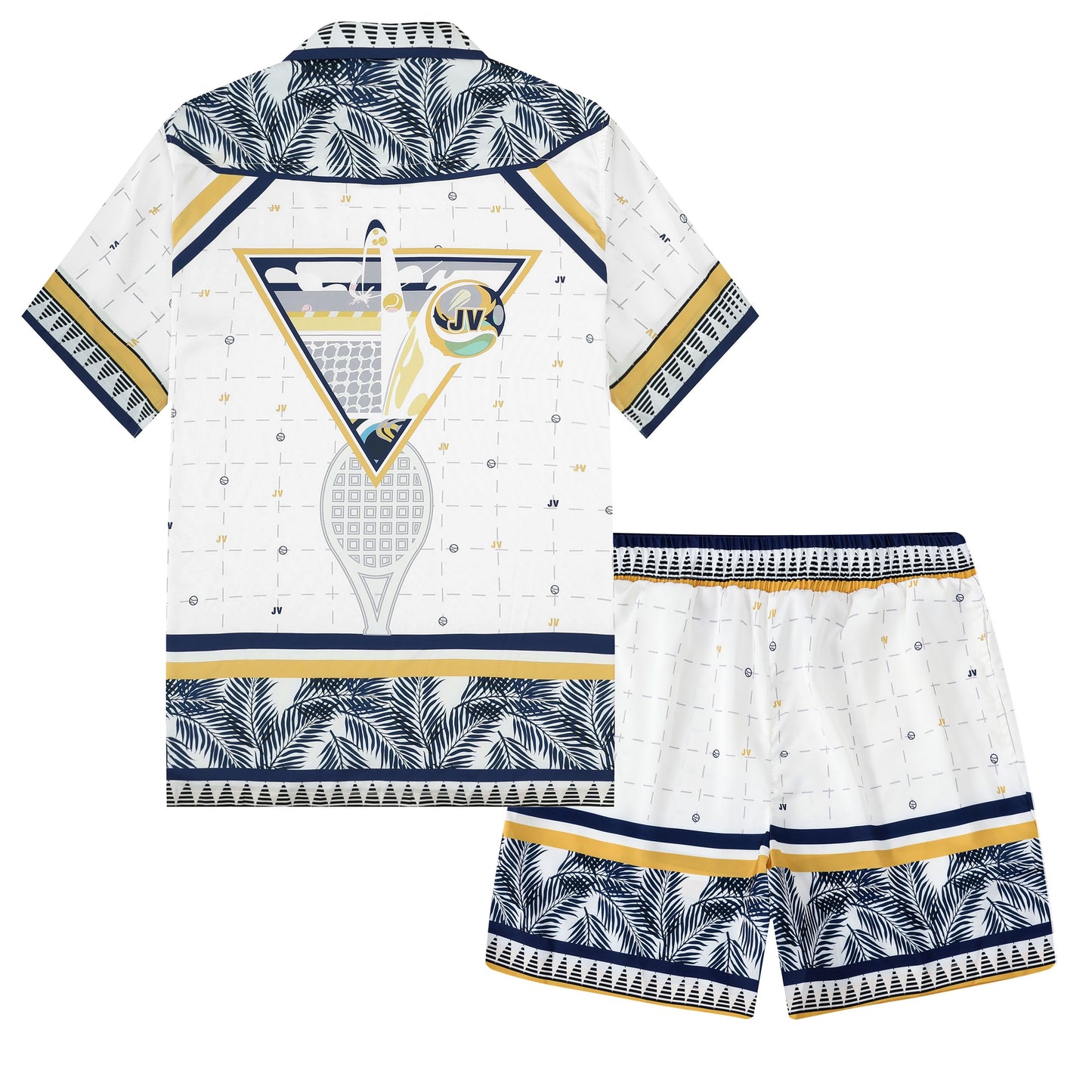 Palm Tree Tennis Pattern Short Sleeve Camp Collar Shirt