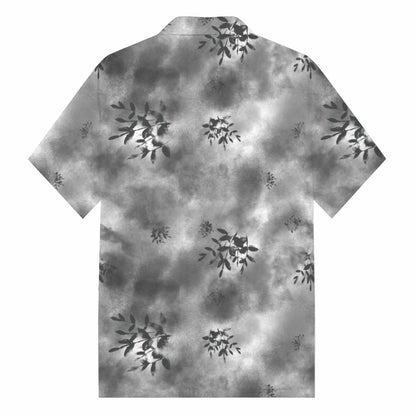 Gray Leaf Print Camp Collar Short Sleeve Shirt