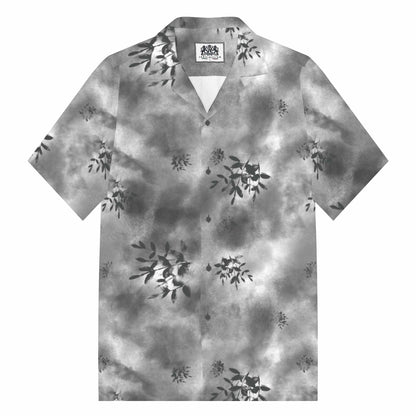 Gray Leaf Print Camp Collar Short Sleeve Shirt