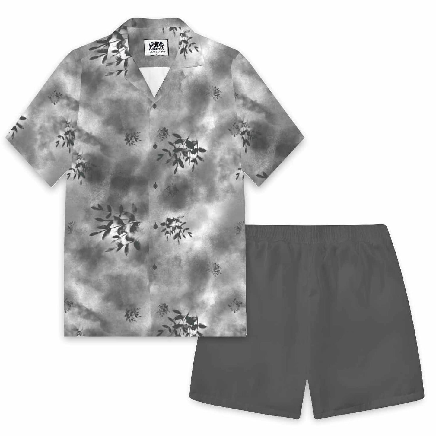 Gray Leaf Print Camp Collar Short Sleeve Shirt