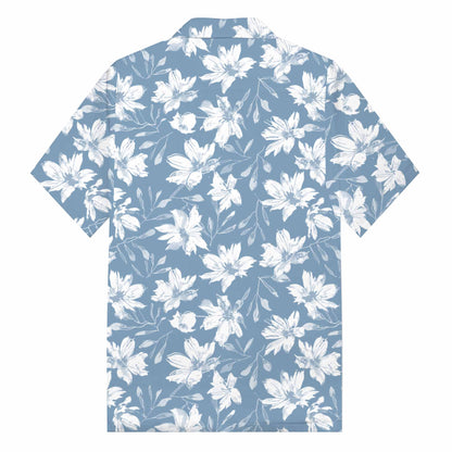 Hawaiian Shirt Blue White Floral Camp Collar Short Sleeve Shirt