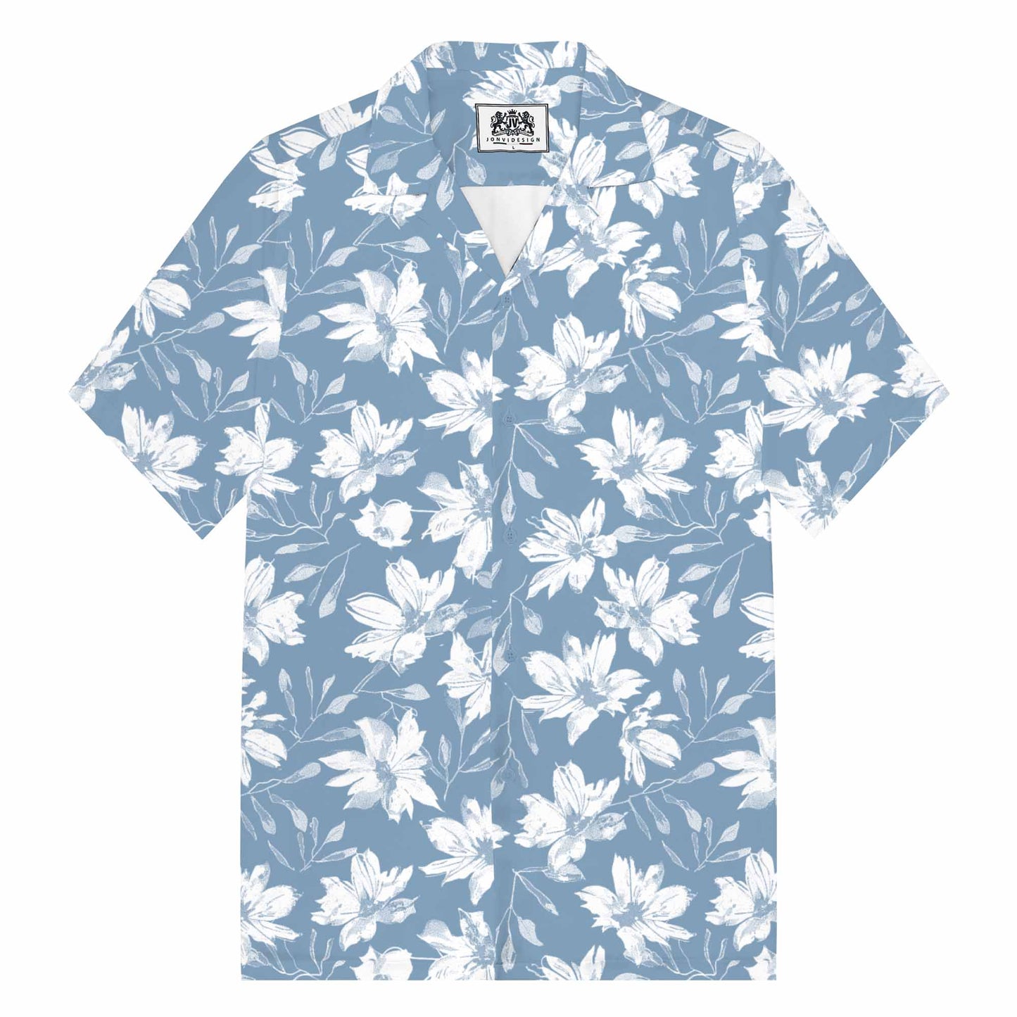 Hawaiian Shirt Blue White Floral Camp Collar Short Sleeve Shirt