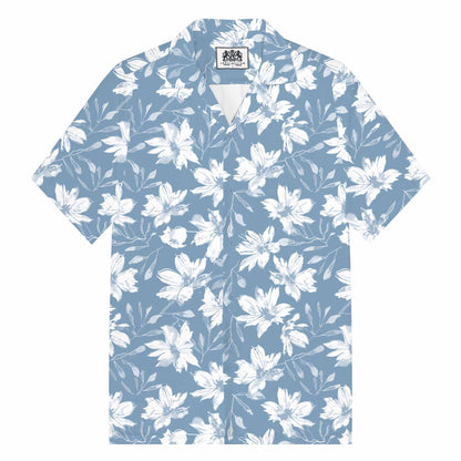 Hawaiian Shirt Blue White Floral Camp Collar Short Sleeve Shirt