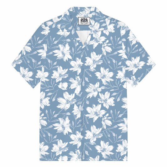 Hawaiian Shirt Blue White Floral Camp Collar Short Sleeve Shirt