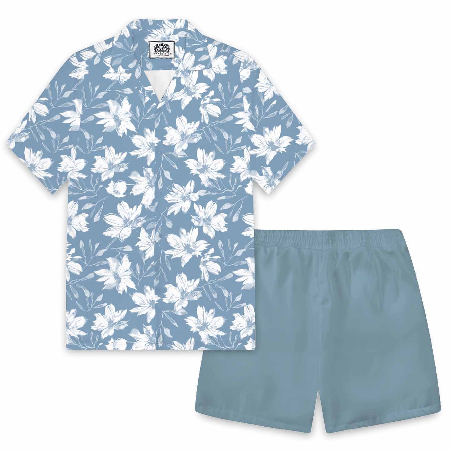 Hawaiian Shirt Blue White Floral Camp Collar Short Sleeve Shirt