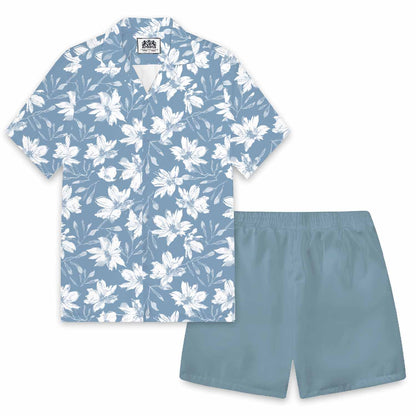 Hawaiian Shirt Blue White Floral Camp Collar Short Sleeve Shirt