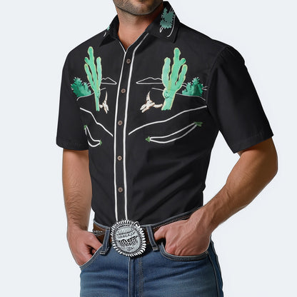 Cactus Pattern Western Wear Short Sleeve Shirt for Men