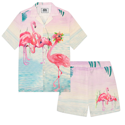 Flamingo With Flowers On Head Elastic Waistband Summer Casual Shorts