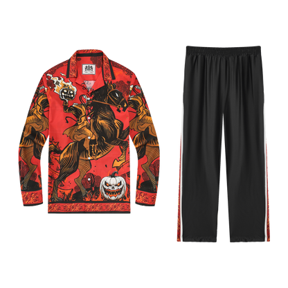 Halloween Headless Horseman Print Long Sleeve Camp Collar Shirt