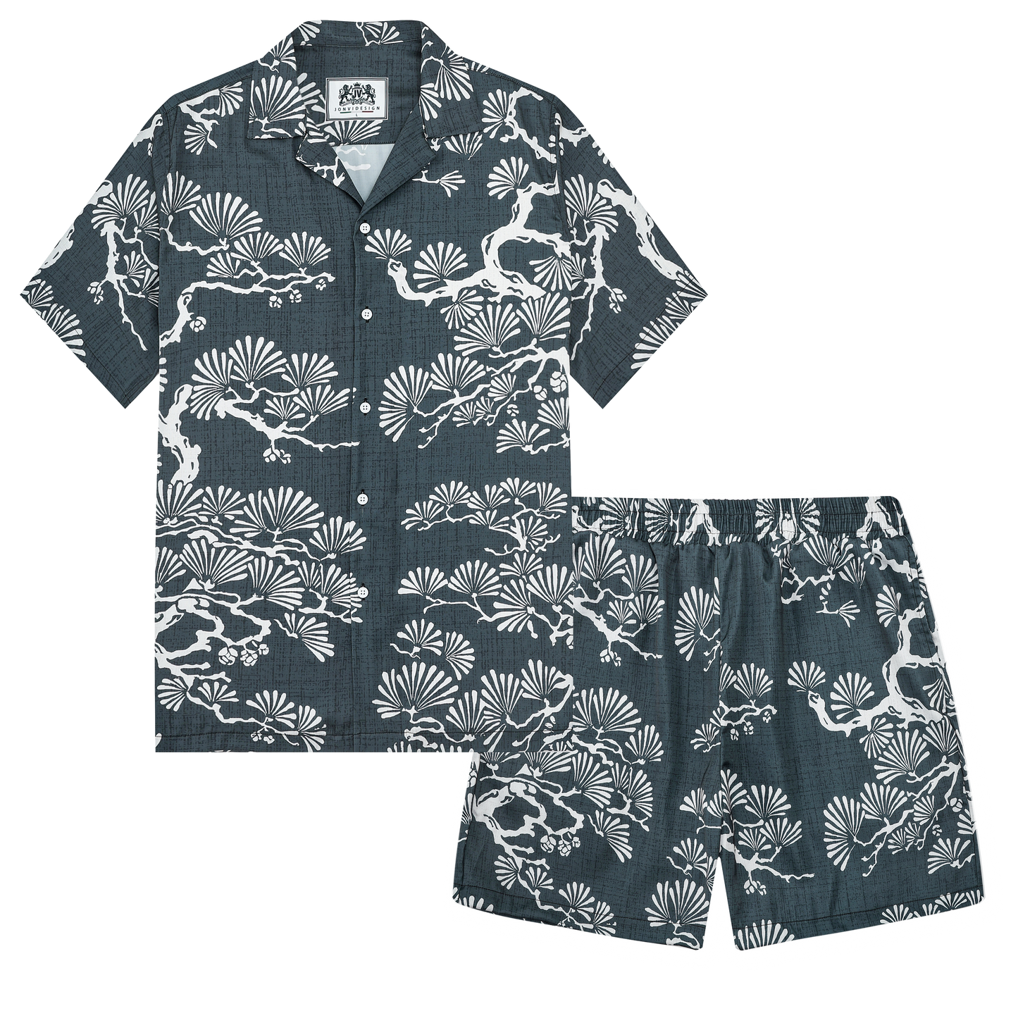 Pine Tree Print Design Camp Collar Short Sleeve Shirt