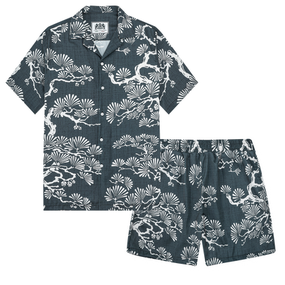 Pine Tree Print Design Camp Collar Short Sleeve Shirt