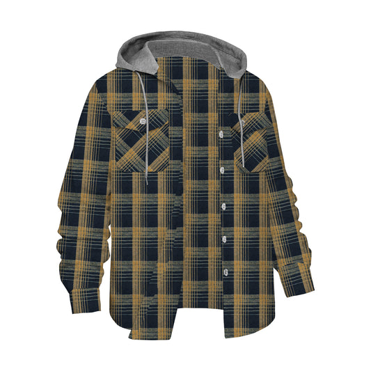 Black-Yellow Vintage Plaid Long Sleeve Hooded Shirt