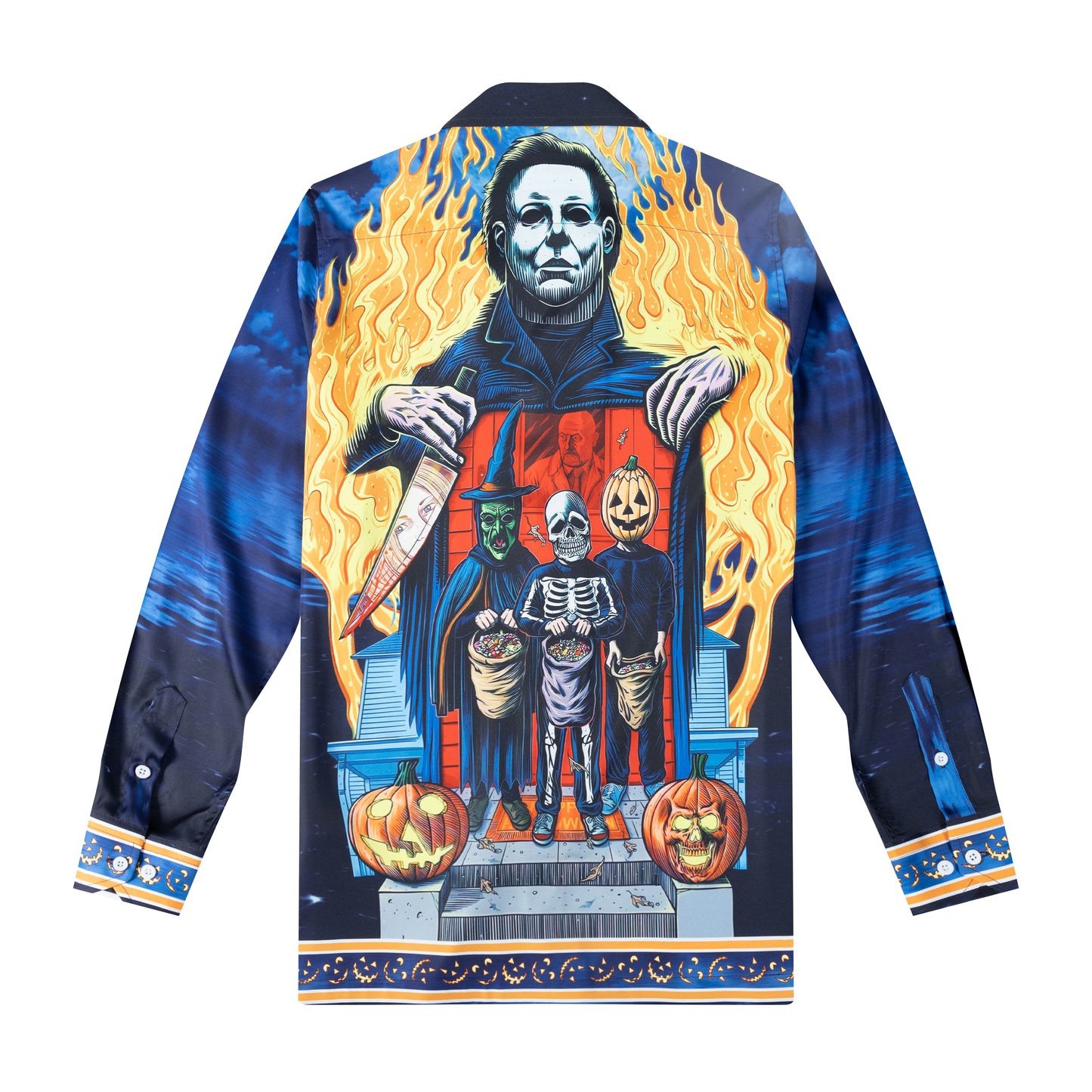 Scary Halloween Trick Or Treat Villain Gang Long Sleeve Camp Collar Shirt