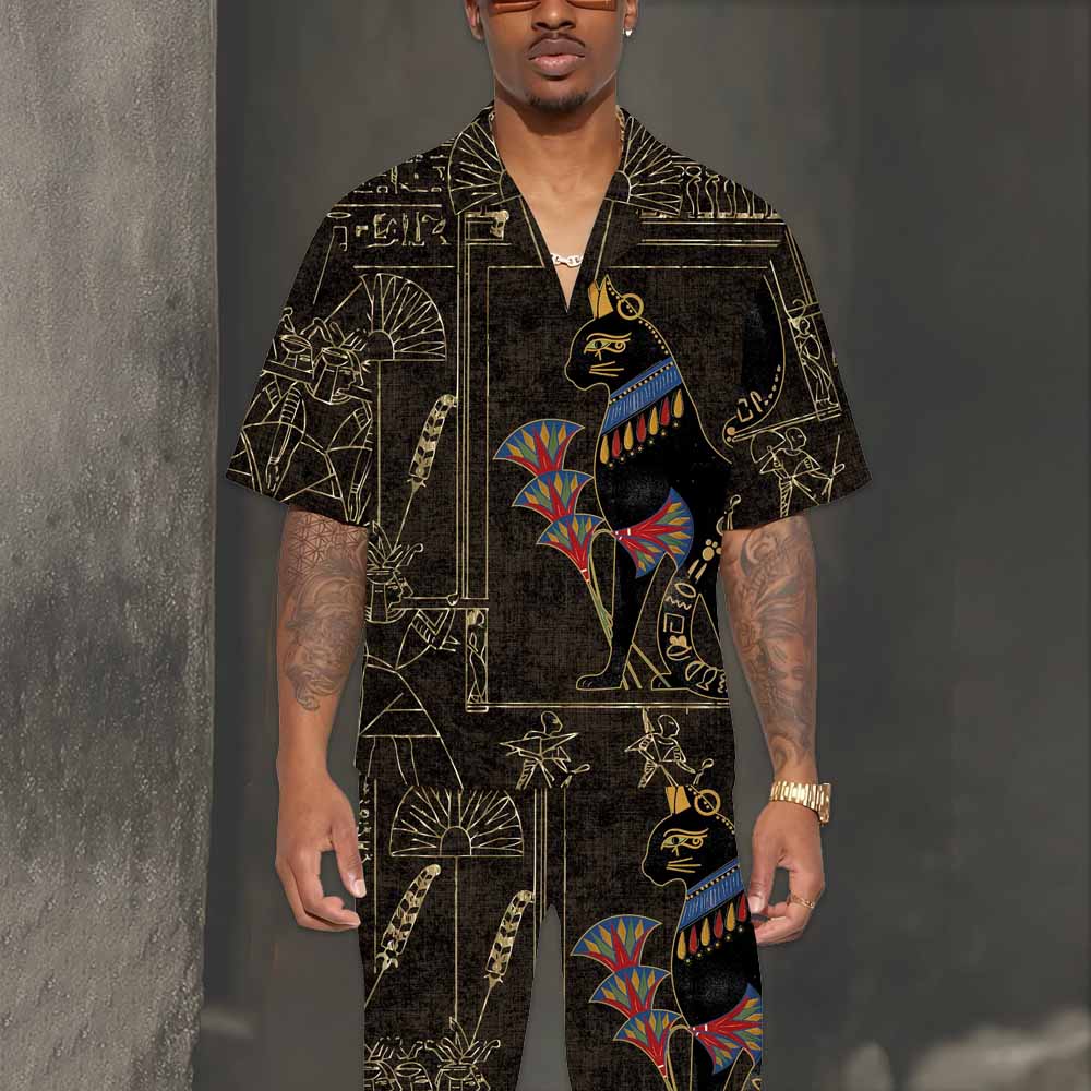 Ancient Egyptian Cat Mysterious Retro Camp Collar Short Sleeve Shirt