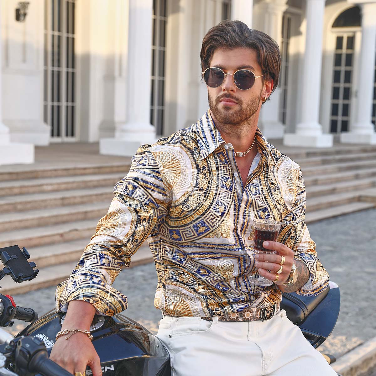 dress shirt semi formal baroque attire for men Back to Future Classic Design Metallic Greek Pattern Button-up Baroque Long Sleeve Shirt For Men – Jonvidesign