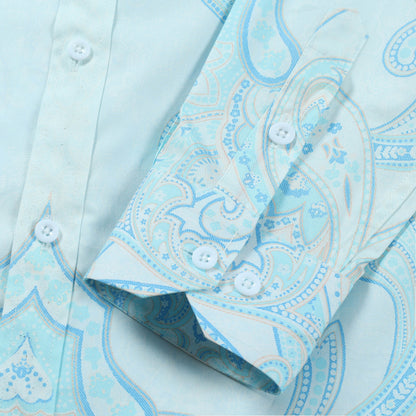 Blue Paisley Design Button Down Long Sleeve Casual Shirt Jonvidesign