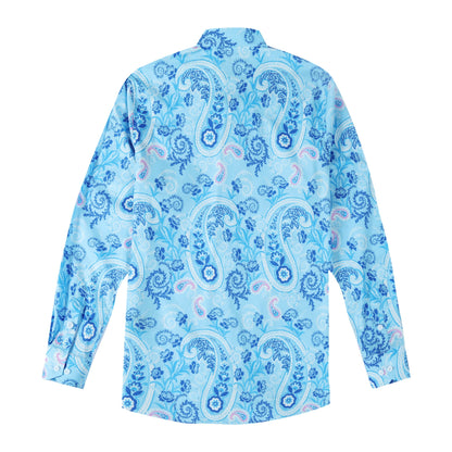 Blue Paisley Print Button Down Long Sleeve Casual Shirt Jonvidesign