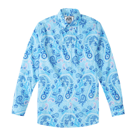 Blue Paisley Print Button Down Long Sleeve Casual Shirt Jonvidesign