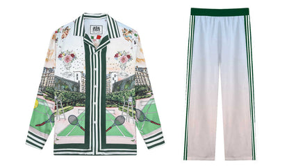 Green Tennis Court Pattern Casual Trousers With Elastic Waistband