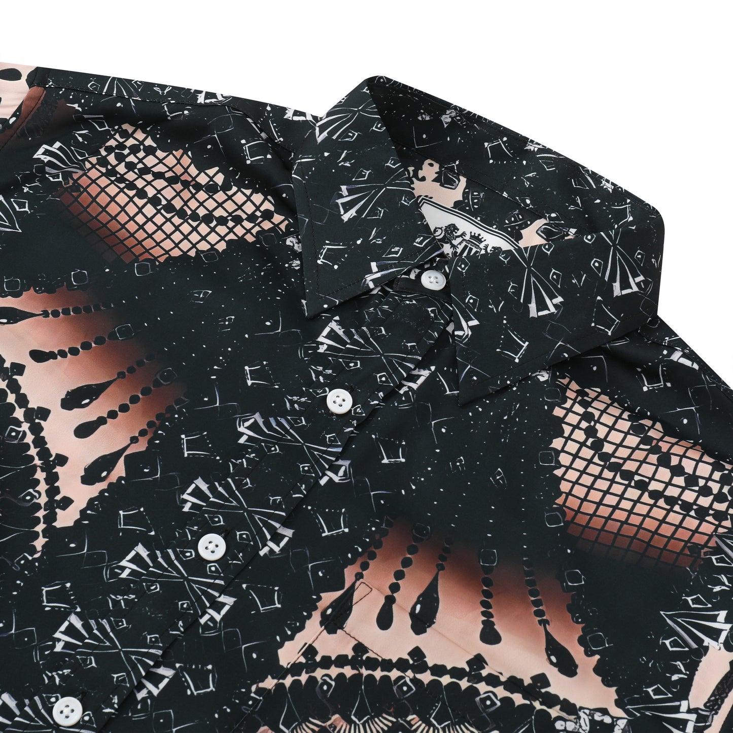 Black Beaded Lace Design Silk Fiber Short Sleeve Shirt