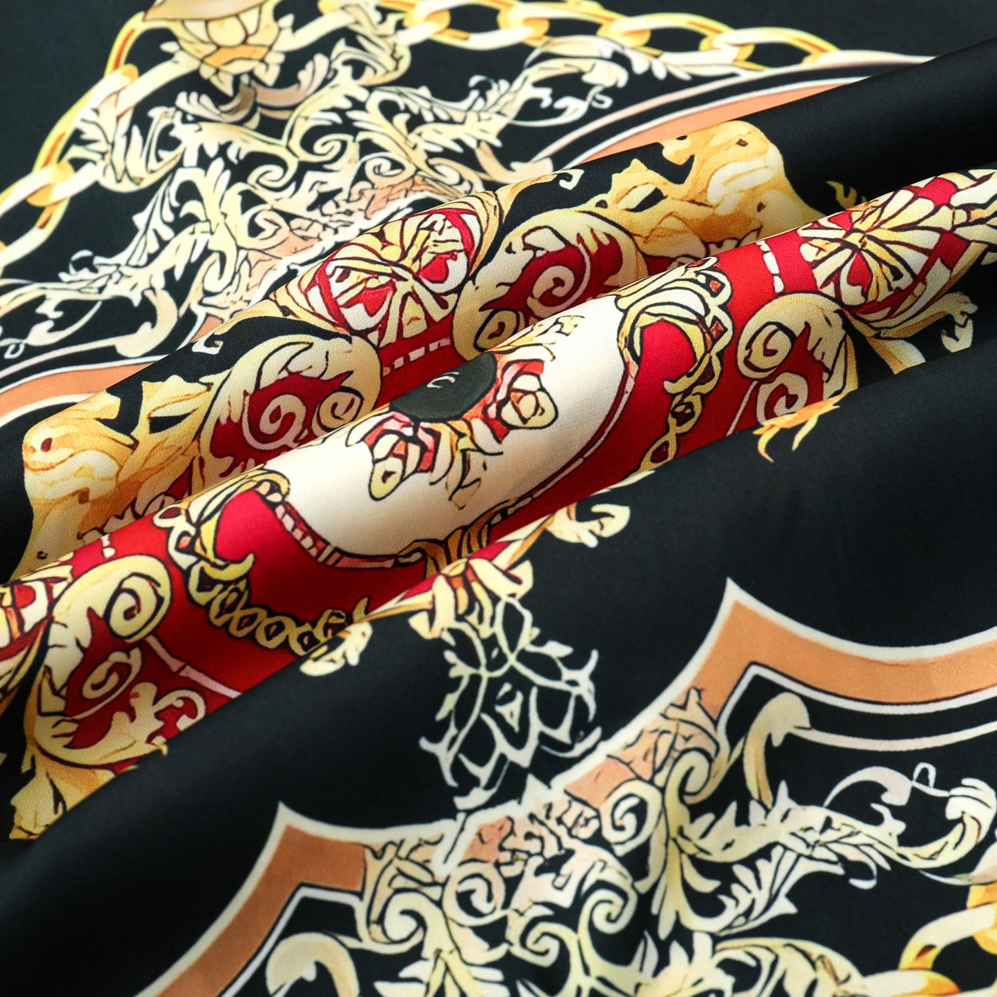 Golden Baroque Silk Fiber Short Sleeve Shirt with Chain Accent
