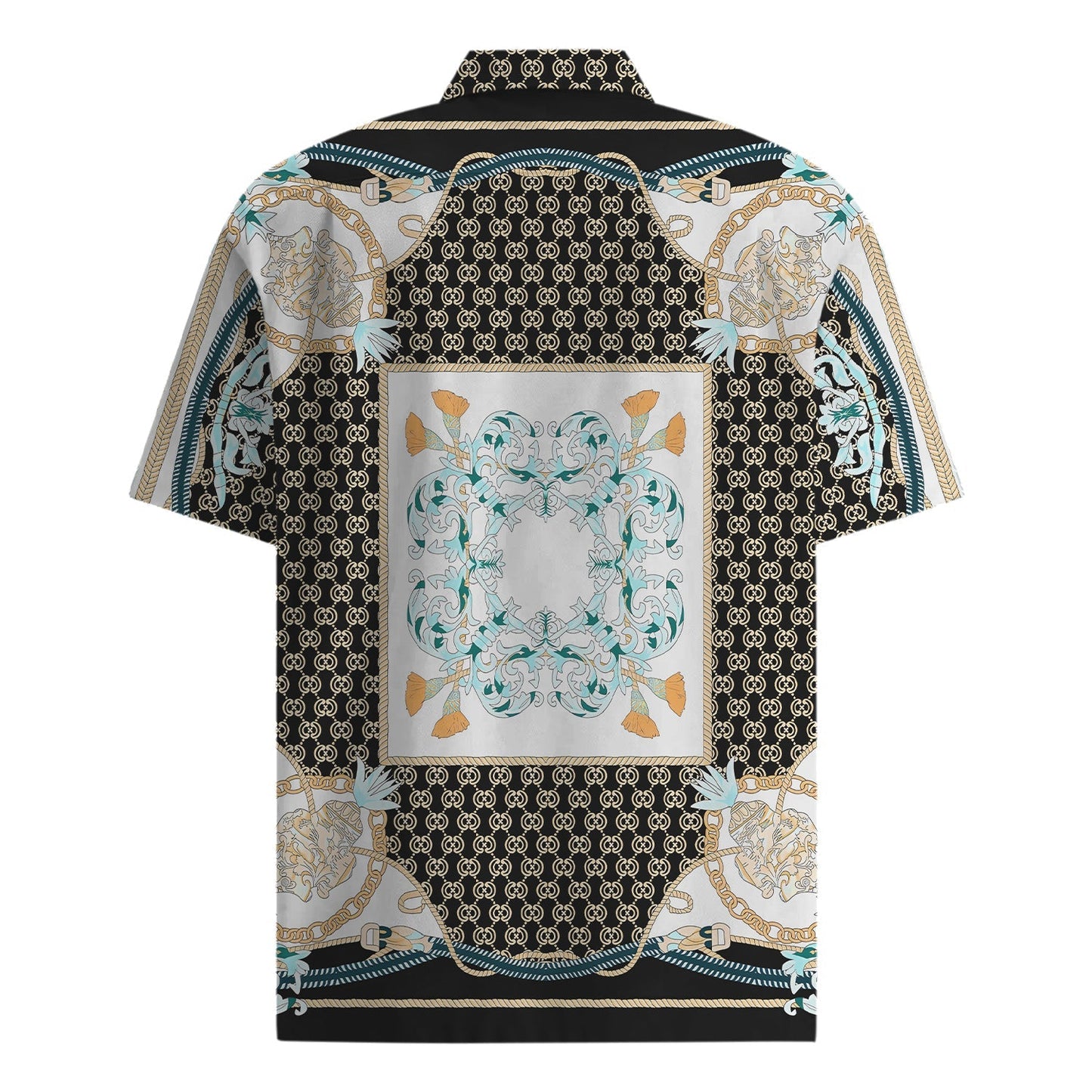 Classic Pattern Short Sleeve Shirt with Chain and Rope Accents Jonvidesign