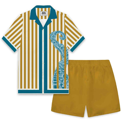 Vertical Striped Octopus Pattern Elastic Waistband Summer Casual Shorts