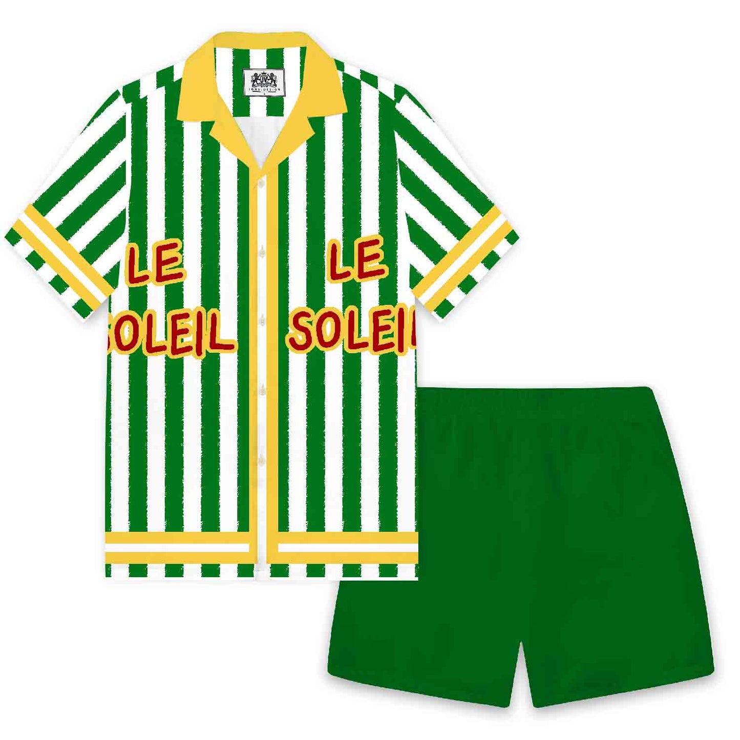 Green Vertical Stripes Camp Collar Short Sleeve Shirt