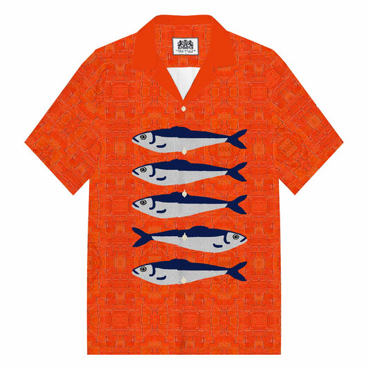 Ocean Theme Sardine Pattern Camp Collar Short Sleeve Shirt
