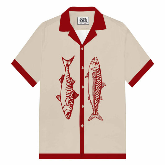 Khaki Retro Fish Pattern Camp Collar Short Sleeve Shirt