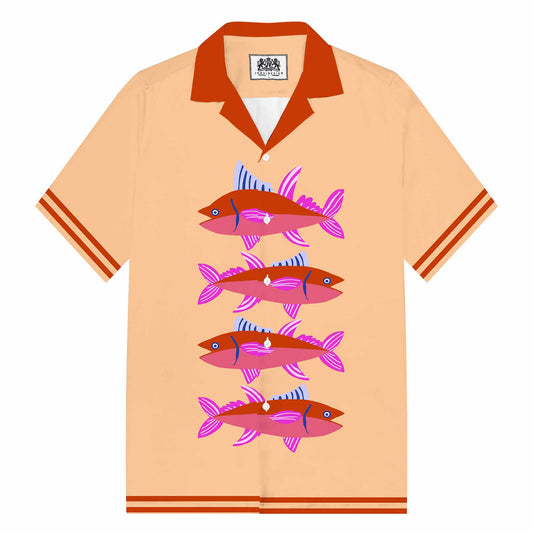 Color-Blocked Fish Pattern Camp Collar Short Sleeve Shirt