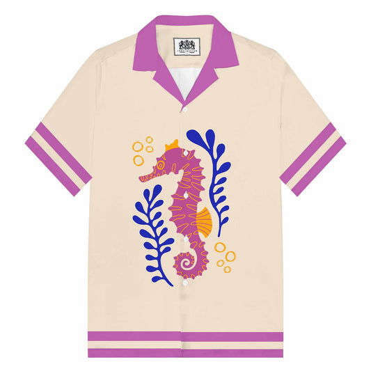 Ocean-Themed Seahorse Print Camp Collar Short Sleeve Shirt