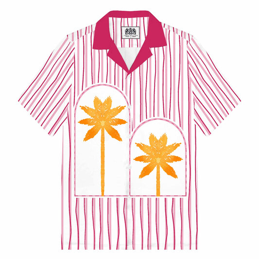 Summer Vertical Striped Coconut Tree Print Camp Collar Short Sleeve Shirt