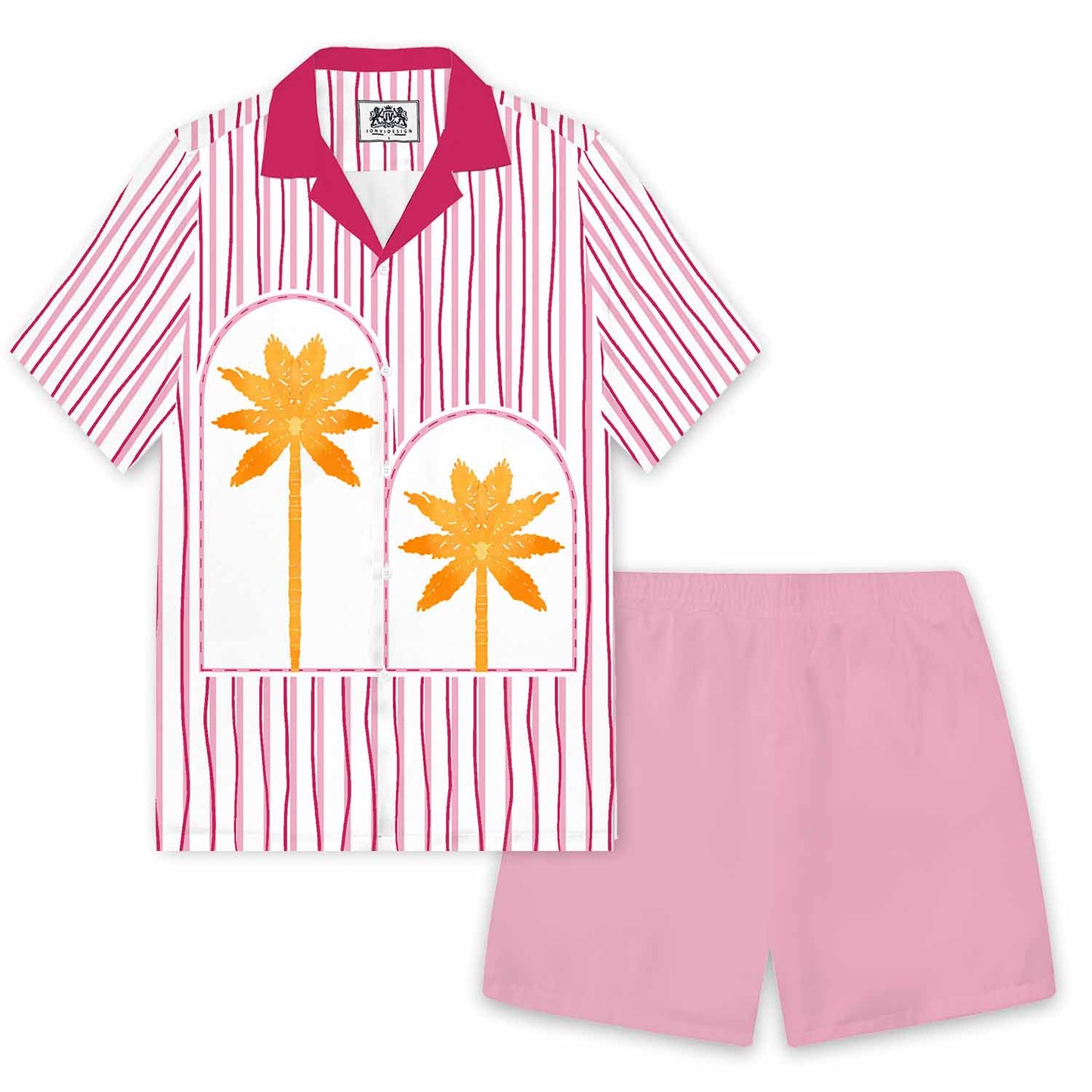 Summer Vertical Striped Coconut Tree Print Elastic Waistband Summer Casual Shorts