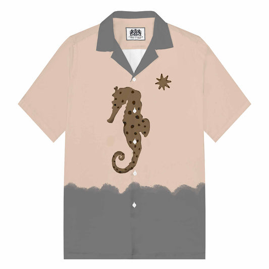 Ocean-Style Brown Seahorse Pattern Camp Collar Short Sleeve Shirt